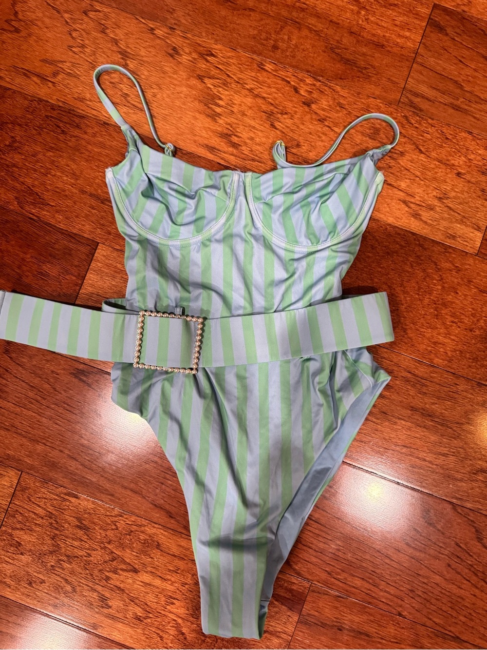 WeWoreWhat Green and Light Blue Striped One-Piece Swimsuit with Belt